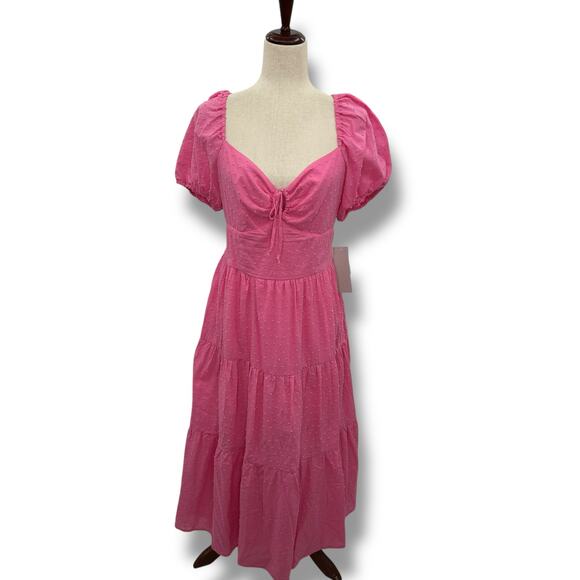 NEW Kingston Grey Pink Puff Sleeve Peasant Dress Size M Tiered Coquette Cottage - Picture 2 of 11